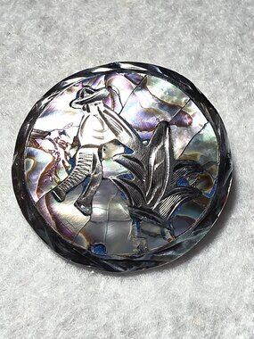 Vintage Mexico Handcrafted 925 Sterling Silver Abalone Mosaic Brooch Pendant